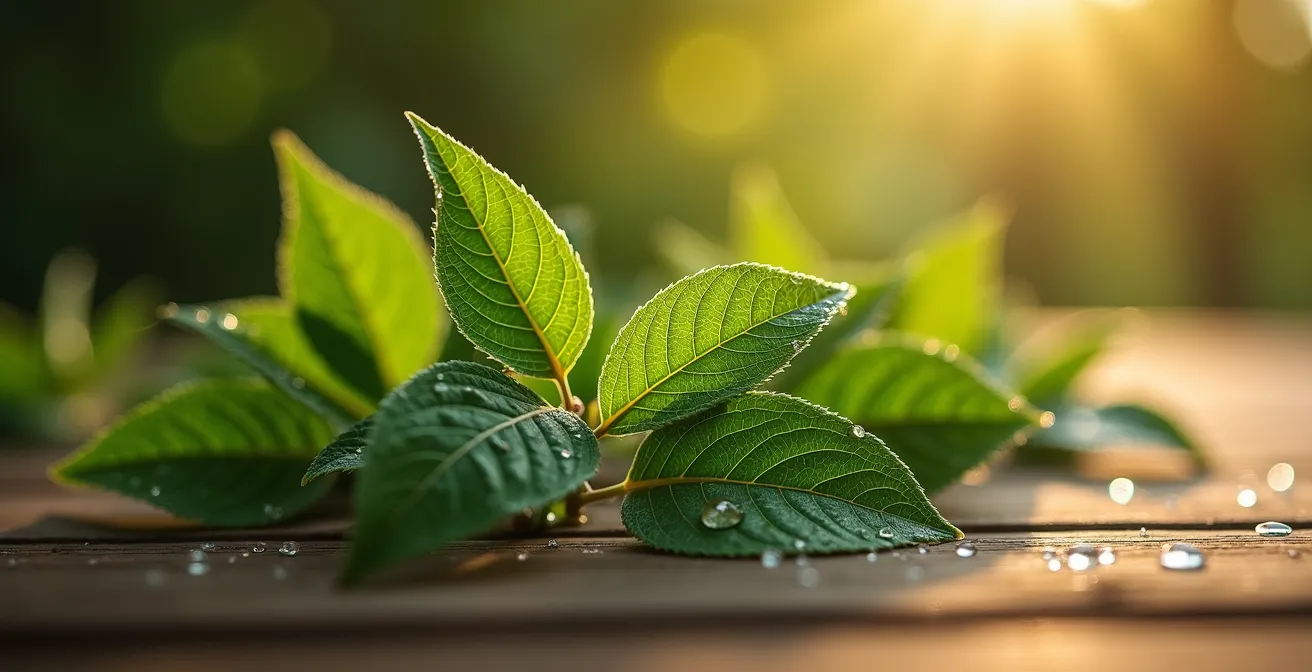 Gros plan sur des feuilles de thé bio avec leurs textures naturelles et leur couleur verte vibrante