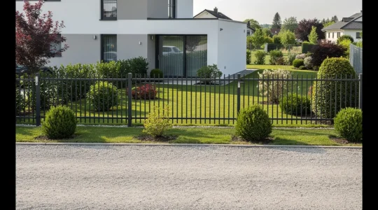 Clôture aluminium anthracite installée dans jardin paysagé devant maison contemporaine