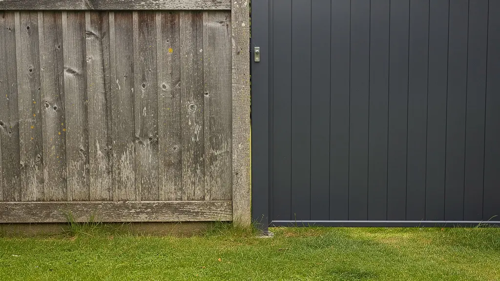 Comparaison côte à côte clôture bois grisée vieillie et clôture aluminium anthracite neuve