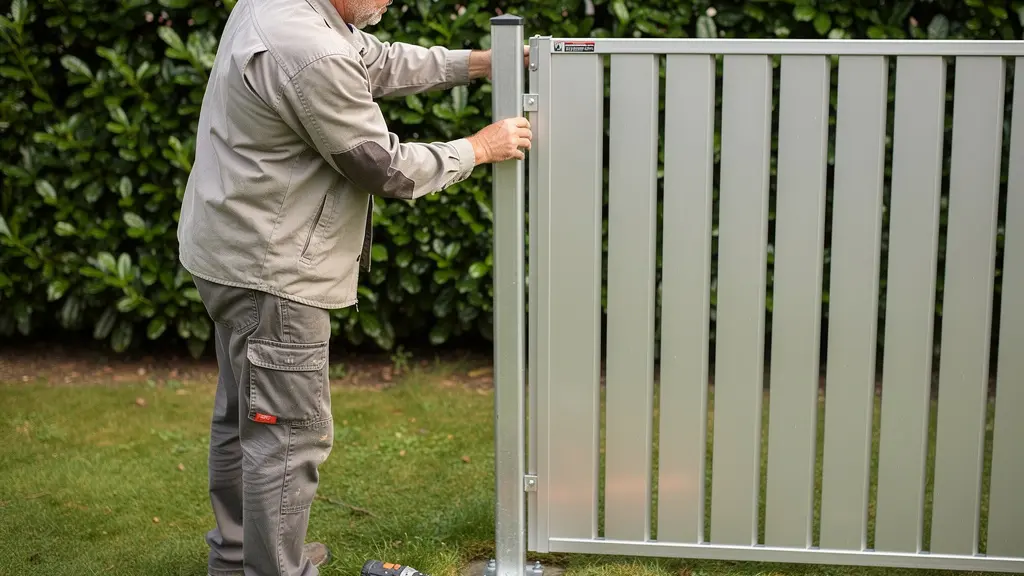 Homme 50 ans posant panneau clôture aluminium en kit dans jardin résidentiel
