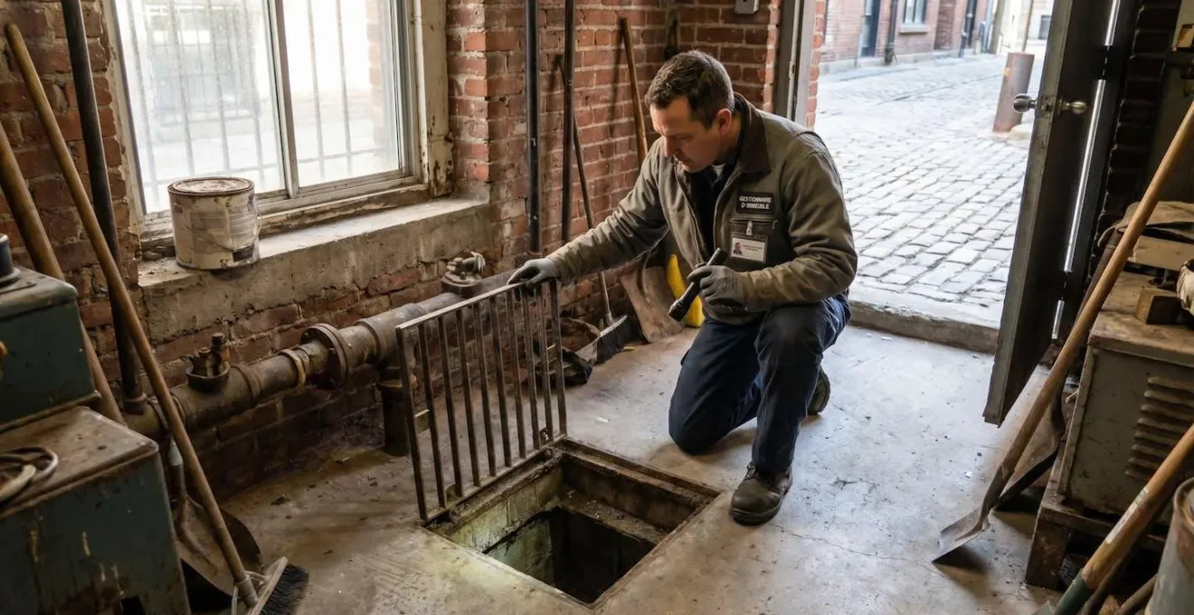Gestionnaire d'établissement commercial inspectant un système de drainage en milieu urbain à Montréal