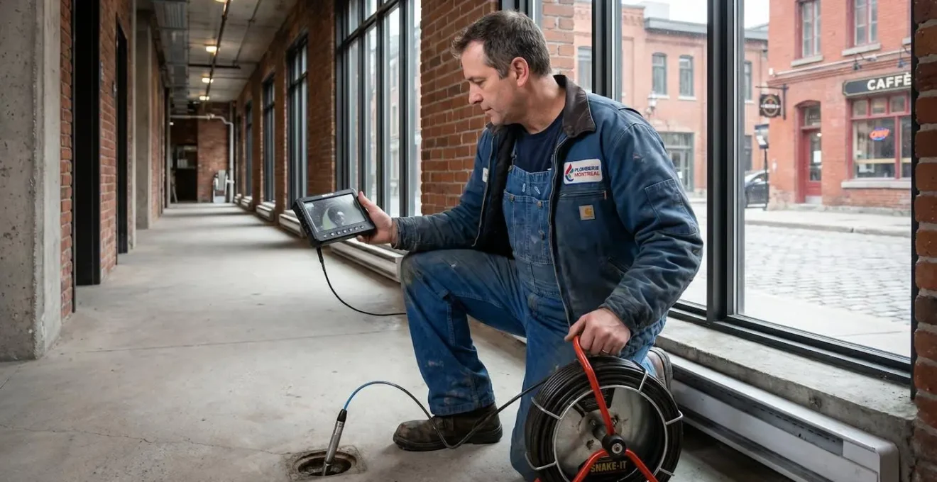 Technicien en plomberie commerciale réalisant une inspection par caméra HD d'un réseau de canalisations