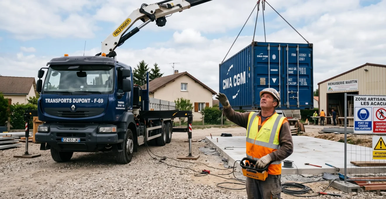 Camion-grue français déposant un conteneur maritime de 20 pieds sur terrain stabilisé, opérateur en gilet haute visibilité dirigeant la manœuvre