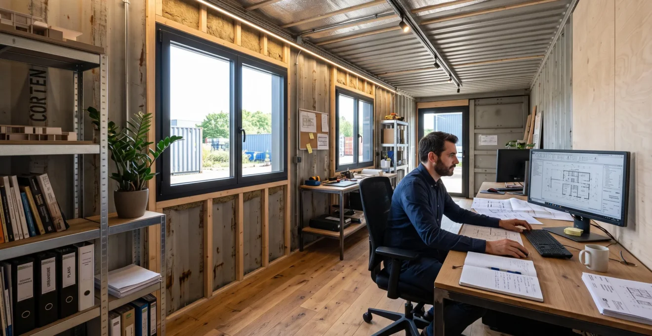 Intérieur d'un conteneur maritime de 20 pieds aménagé en bureau professionnel avec mobilier contemporain, fenêtres ajoutées et professionnel au travail