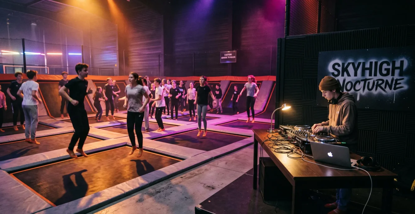 Des adolescents sautent sur des trampolines éclairés en violet lors d'une nocturne DJ.