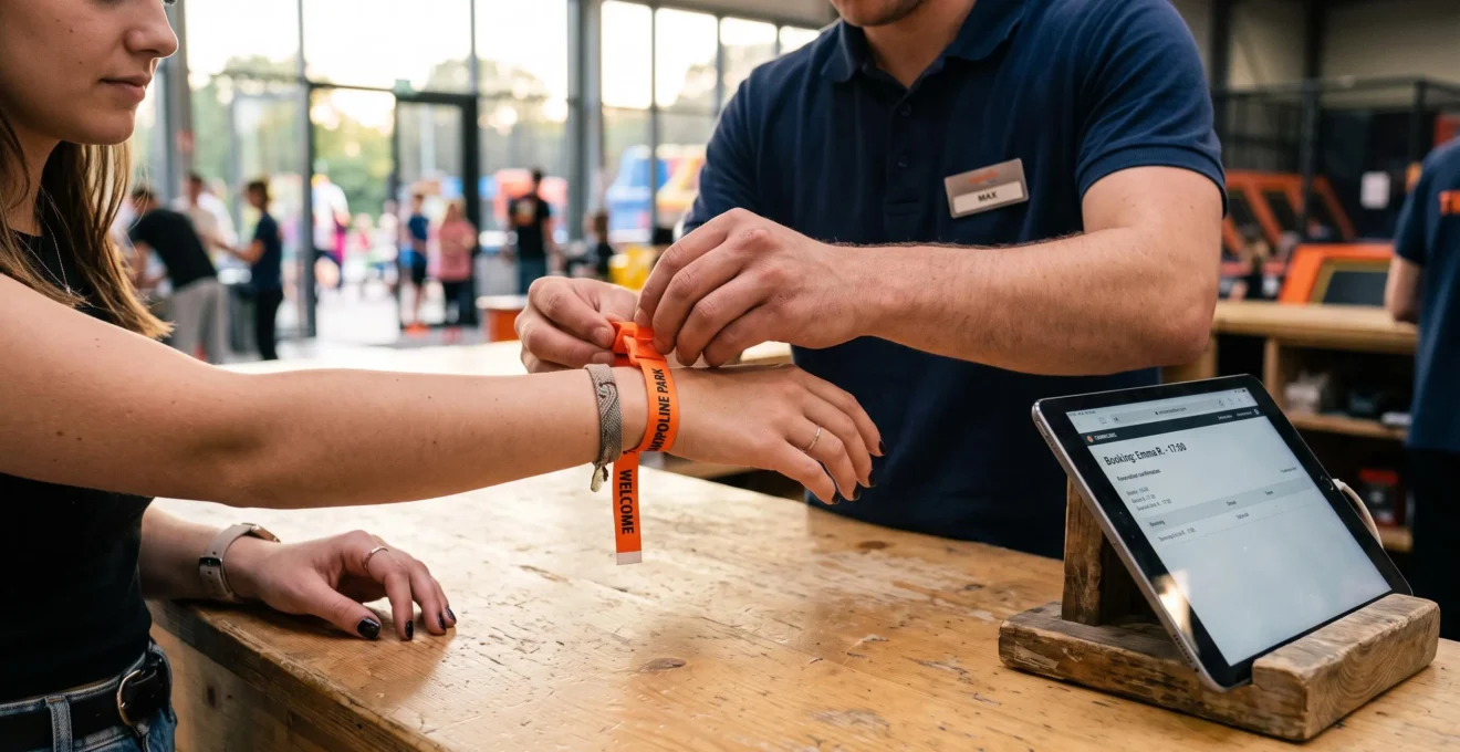 Un employé remet un bracelet d'accueil à un visiteur au comptoir d'un trampoline park.