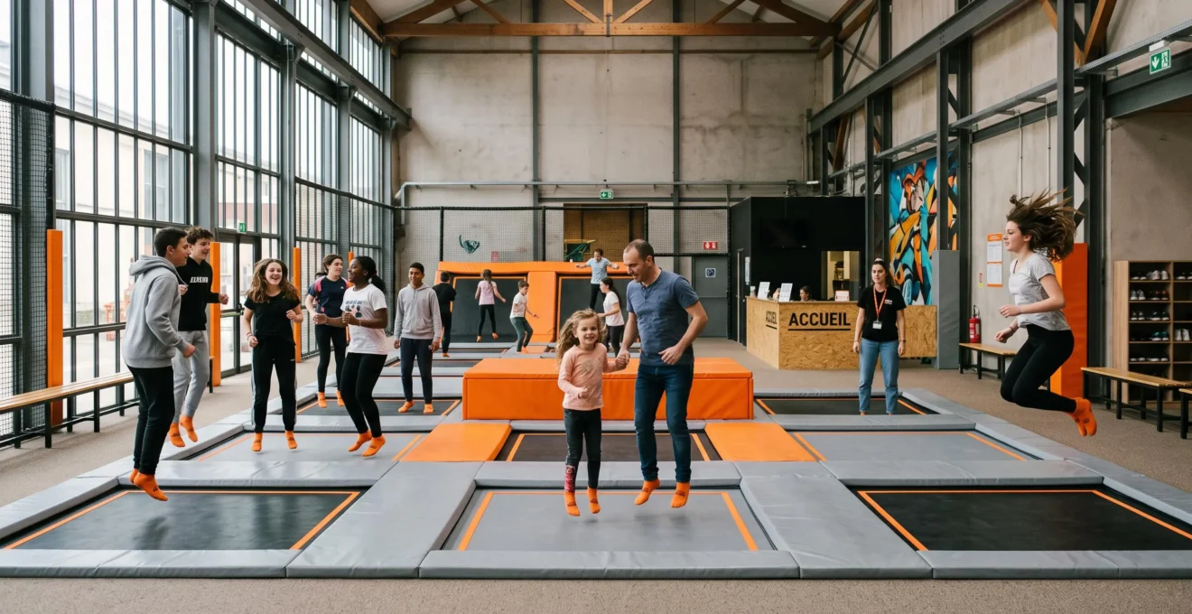 Visiteurs de tous âges sautant sur les trampolines d'un parc intérieur en journée.